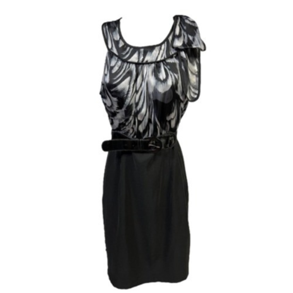 AB Studio Sheath Dress Black Grey Feather Print Women Size 6 Belted Elegant - Picture 2 of 13